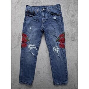 Levis 501 Jeans Womens Measured 30x25 Blue‎ Distressed Rose Embroidered Denim